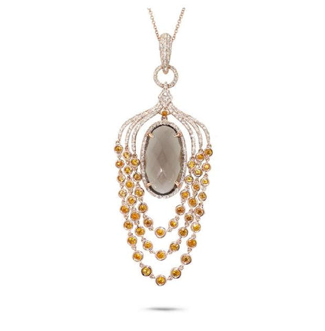 0.80 Ctw Diamond And 10.89 Ctw Smokey Topaz And Yellow Sapphire 14k Rose Gold Pendant Necklace With 18 Inch Chain