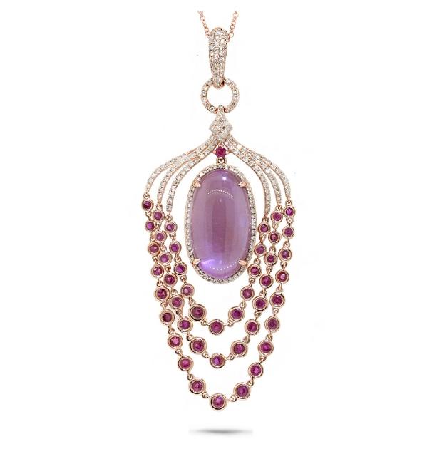 0.80 Ctw Diamond And 12.08 Ctw Amethyst, Pink Sapphire And Pink Pearl 14k Rose Gold Pendant Necklace With 18 Inch Chain