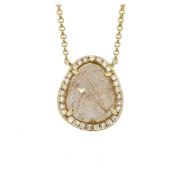 0.15 Ctw Diamond And 2.49 Ctw Golden Line Quartz 14k Yellow Gold Necklace