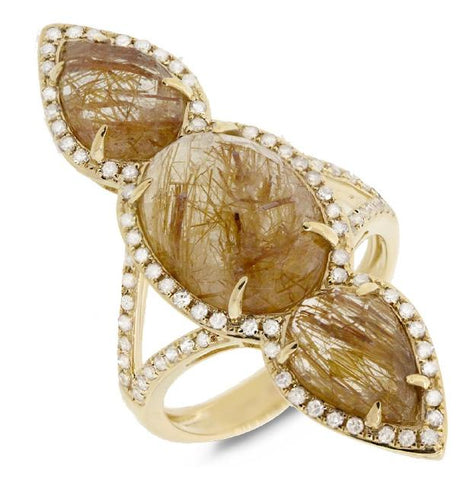 0.56 Ctw Diamond And 9.33 Ctw Golden Line Quartz 14k Yellow Gold Ring