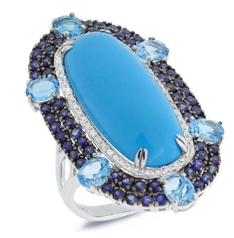 0.32 Ctw Diamond And 15.73 Ctw Composite Turquoise, Blue Sapphire And Blue Topaz 14k White Gold Ring