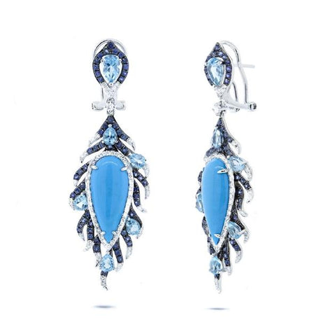 0.75 Ctw Diamond And 11.58 Ctw Composite Turquoise, Blue Sapphire And Blue Topaz 14k White Gold Earring