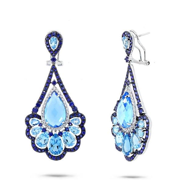 0.33 Ctw Diamond And 20.93 Ctw Blue Sapphire And Blue Topaz 14k White Gold Earring