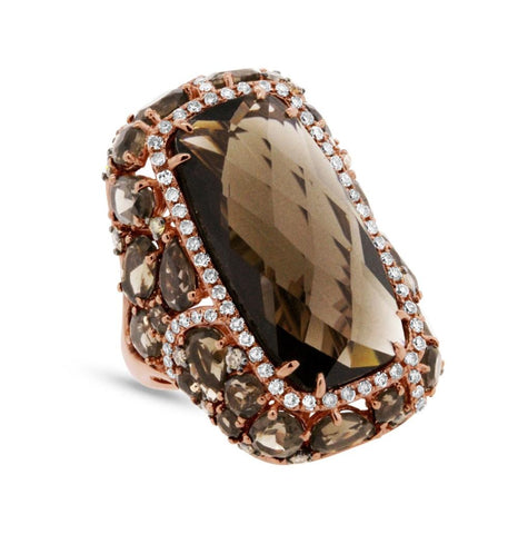 0.99 Ctw White And Champagne Diamond And 20.66 Ctw Smokey Topaz 14k Rose Gold Ring