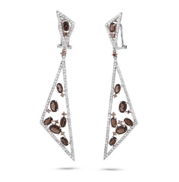 1.92 Ctw White And Champagne Diamond And 3.91 Ctw Smokey Topaz 14k White Gold Earring