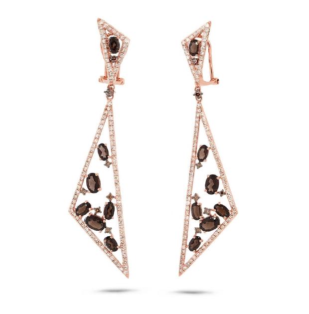 1.92 Ctw White And Champagne Diamond And 3.91 Ctw Smokey Topaz 14k Rose Gold Earring