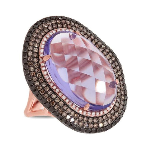 1.32 Ctw White, Champagne And Black Diamond And 11.21 Ctw Amethyst 14k Rose Gold Ring