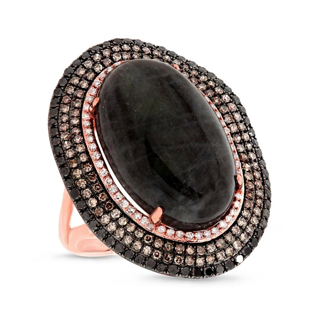 1.32 Ctw White, Champagne And Black Diamond And 14.28 Ctw Labordorite 14k Rose Gold Ring