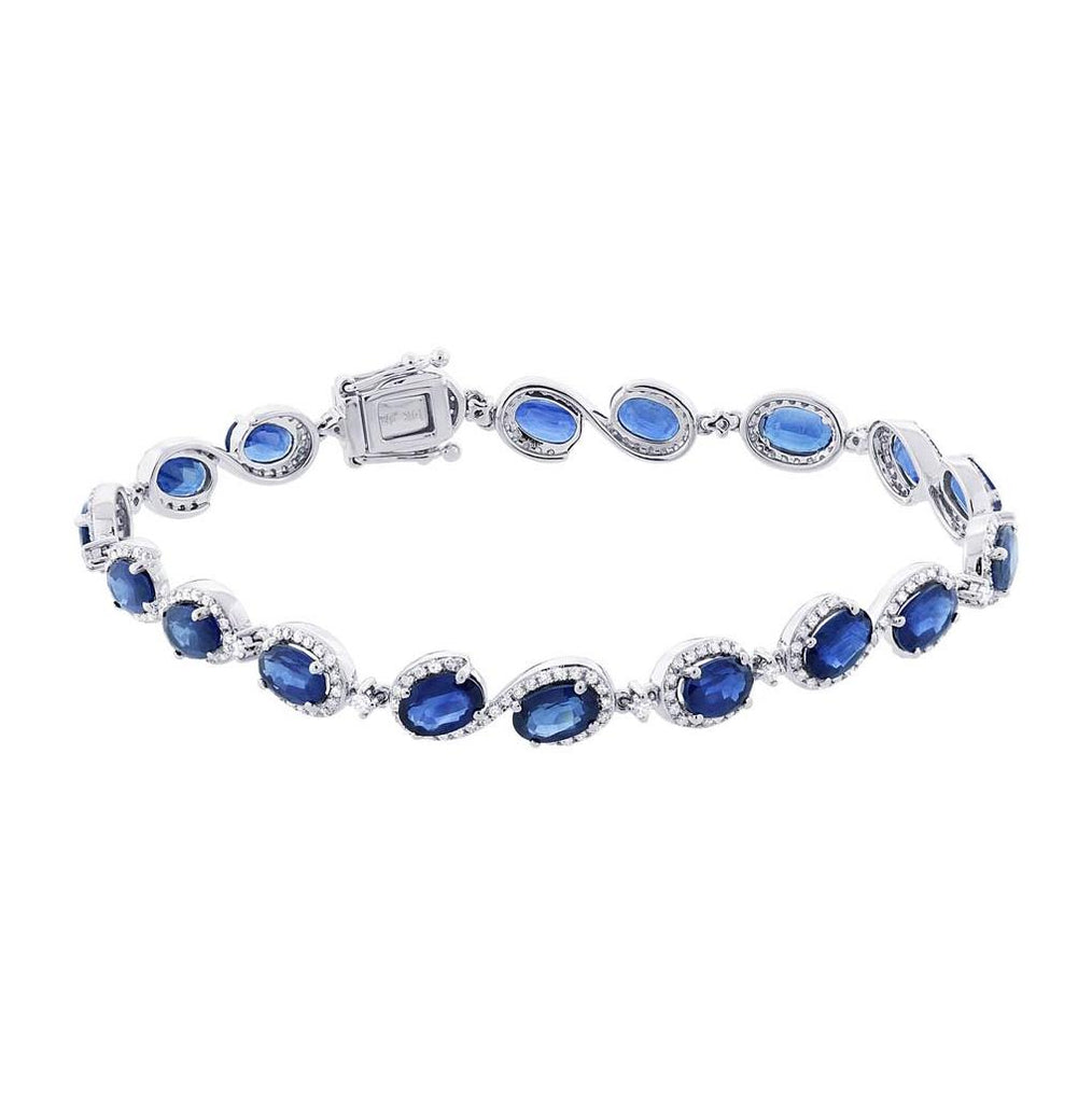 1.00 Ctw Diamond And 11.17 Ctw Blue Sapphire 14k White Gold Bracelet