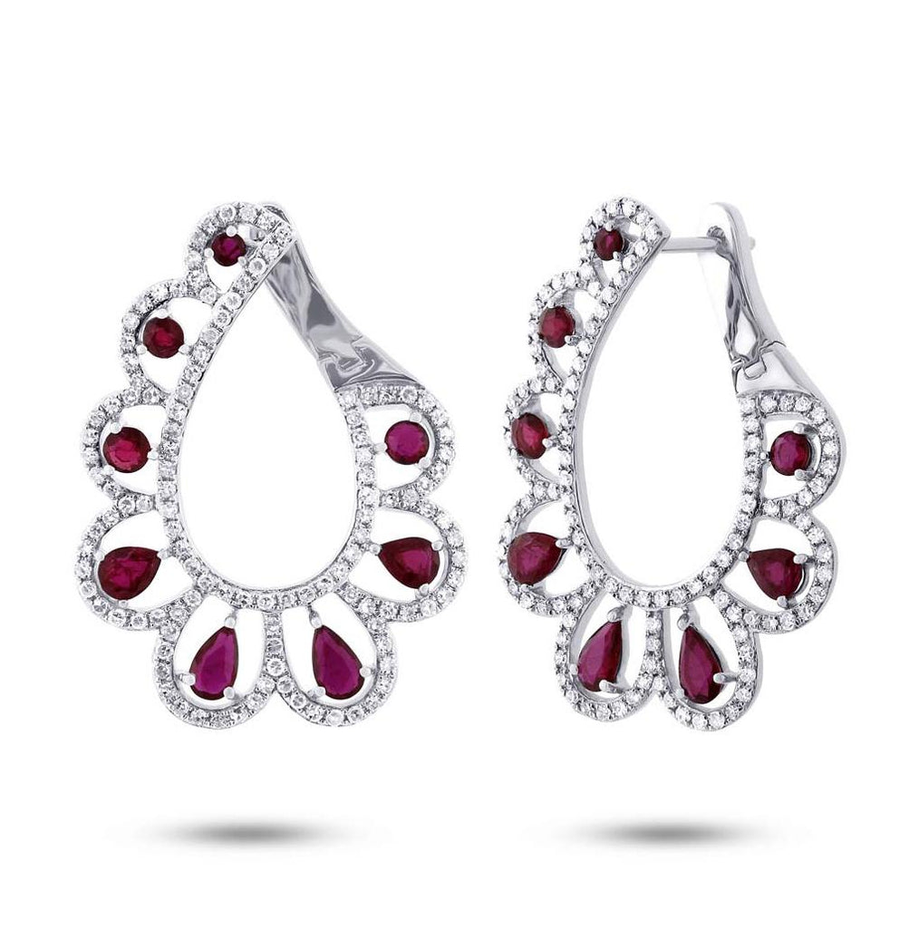 1.18 Ctw Diamond And 2.50 Ctw Ruby 14k White Gold Earring