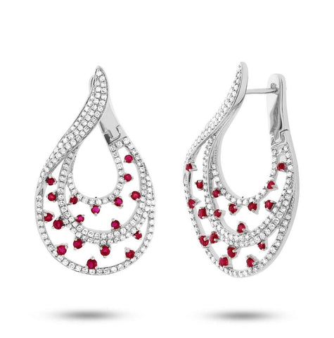 1.49 Ctw Diamond And 0.93 Ctw Ruby 14k White Gold Earring