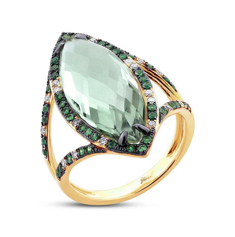 0.15 Ctw Diamond And 6.79 Ctw Green Amethyst And Green Garnet 14k Yellow Gold Ring