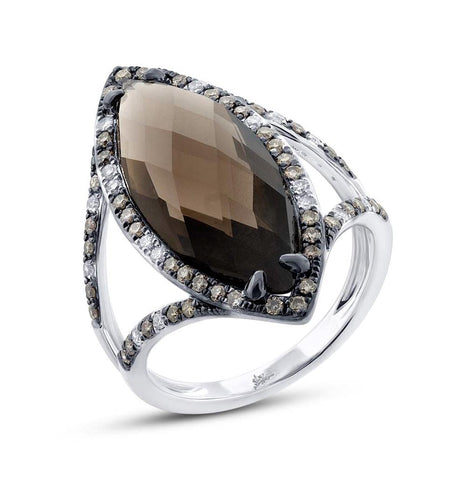 0.53 Ctw White And Champagne Diamond And 5.94 Ctw Smokey Topaz 14k White Gold Ring