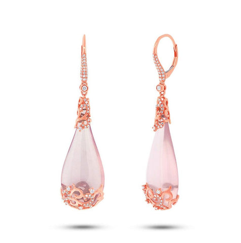 0.67 Ctw Diamond And 44.55 Ctw Rose Quartz 14k Rose Gold Earring