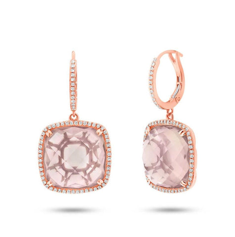 0.52 Ctw Diamond And 23.39 Ctw Rose Quartz 14k Rose Gold Earring