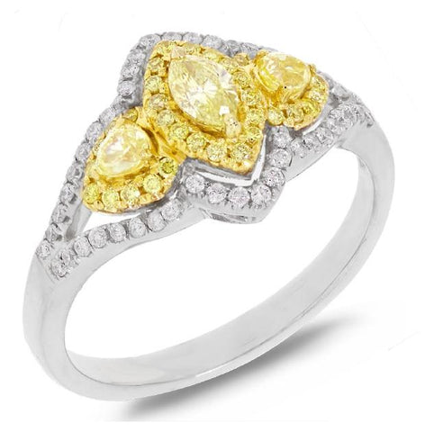 0.45 Ctw Marquise Shape Center And 0.54 Ctw Side 18k Two-tone Gold Natural Yellow Diamond Ring Size 9