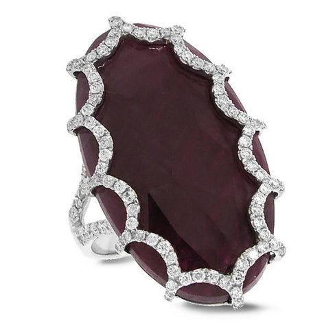 0.69 Ctw Diamond And 21.57 Ctw Flat Rose Cut Ruby 18k White Gold Ring