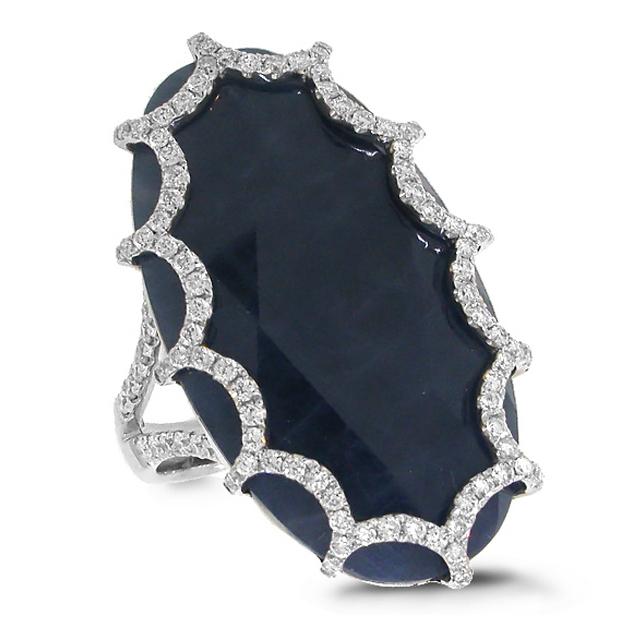 0.69 Ctw Diamond And 22.01 Ctw Flat Rose Cut Blue Sapphire 18k White Gold Ring