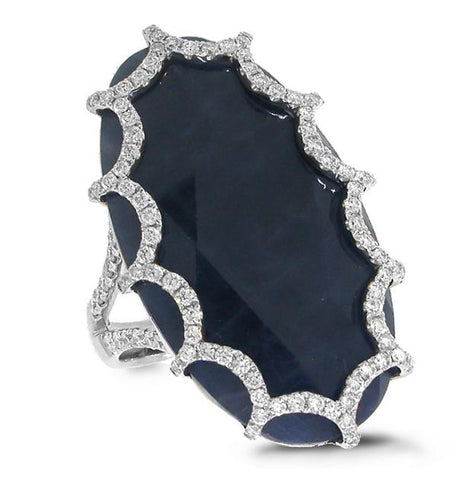 0.69 Ctw Diamond And 22.01 Ctw Flat Rose Cut Blue Sapphire 18k White Gold Ring