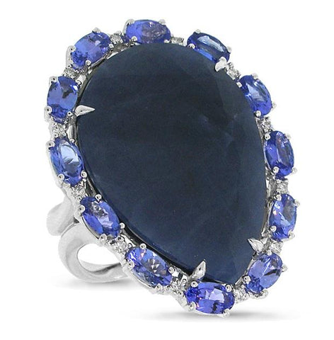 0.12 Ctw Diamond And 27.00 Ctw Flat Rose Cut Blue Sapphire And Tanzanite 18k White Gold Ring