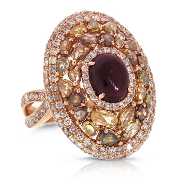 3.87 Ctw White And Fancy Color Diamond And 2.31 Ctw Tourmaline 18k Rose Gold Ring