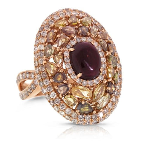 3.87 Ctw White And Fancy Color Diamond And 2.31 Ctw Tourmaline 18k Rose Gold Ring