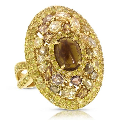 3.73 Ctw Fancy Color Diamond And 1.88 Ctw Tourmaline 18k Yellow Gold Ring