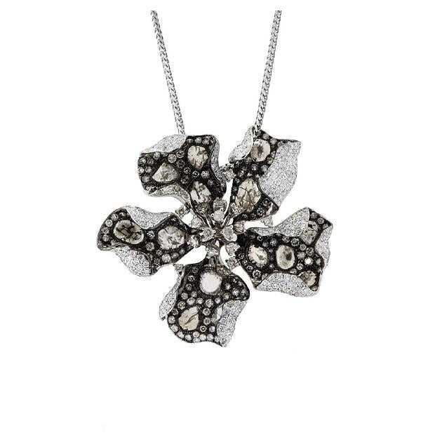 7.09 Ctw 18k Black Rhodium Gold Diamond Flower Pendant Necklace With 18 Inch Chain