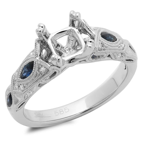 0.09 Ctw Diamond And 0.40 Ctw Blue Sapphire 14k White Gold Semi-mount Ring