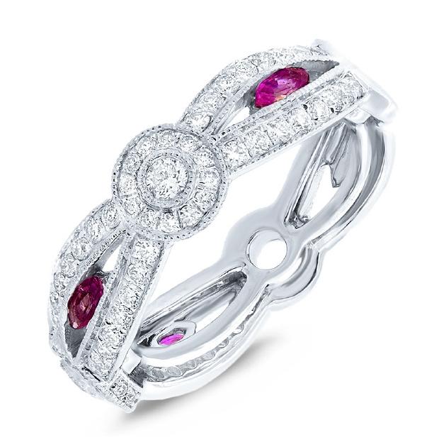 0.82 Ctw Diamond And 0.33 Ctw Ruby 14k White Gold Womens Ring