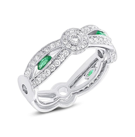 0.82 Ctw Diamond And 0.25 Ctw Emerald 14k White Gold Womens Ring