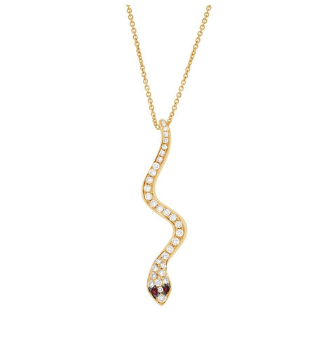 0.31 Ctw Diamond And 0.03 Ctw Ruby 14k Yellow Gold Snake Pendant Necklace With 18 Inch Chain