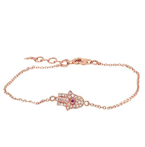 0.08 Ctw Diamond And 0.01 Ctw Ruby 14k Rose Gold Hamsa Bracelet