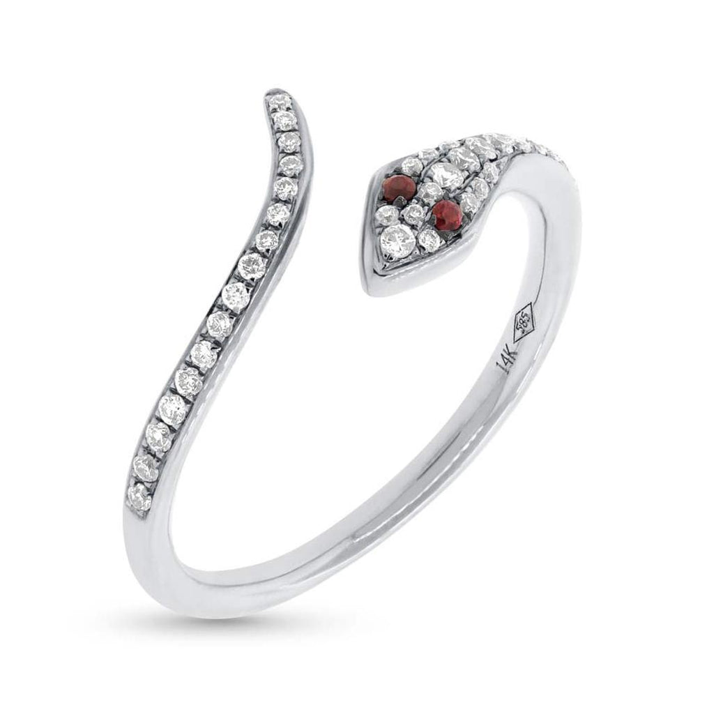 0.19 Ctw Diamond And 0.03 Ctw Ruby 14k White Gold Snake Ring Size 3