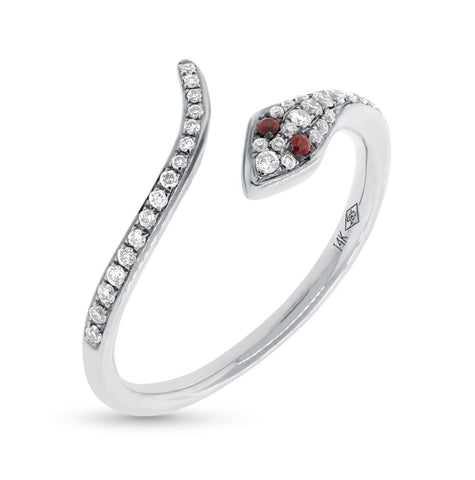 0.19 Ctw Diamond And 0.03 Ctw Ruby 14k White Gold Snake Ring