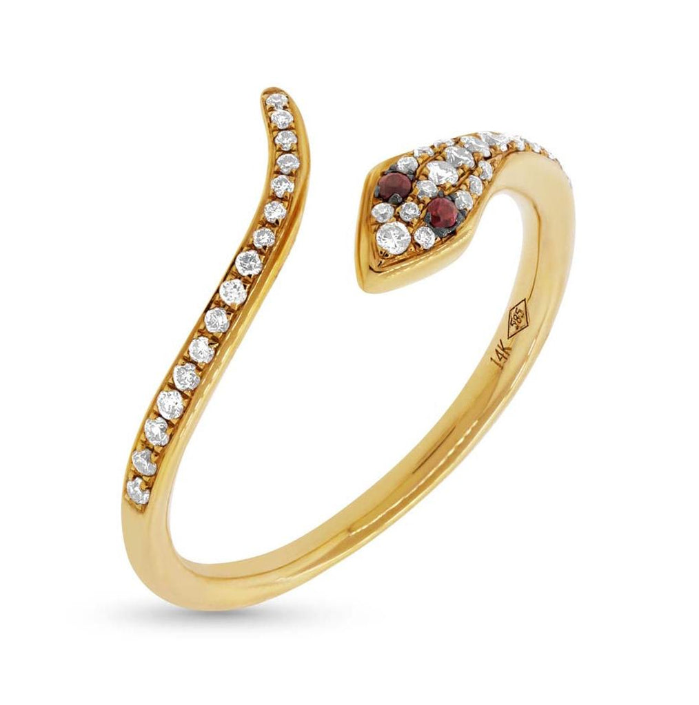 0.19 Ctw Diamond And 0.03 Ctw Ruby 14k Yellow Gold Snake Ring Size 3