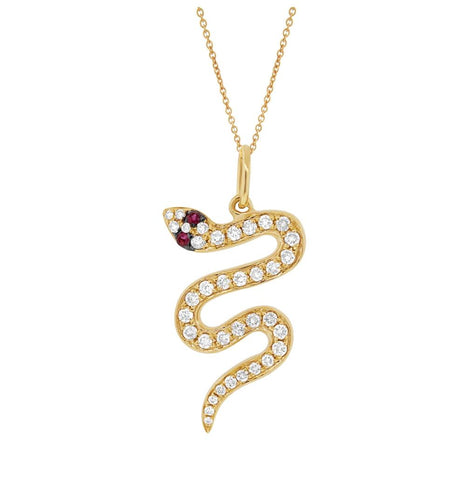 0.22 Ctw Diamond And 0.02 Ctw Ruby 14k Yellow Gold Snake Pendant Necklace With 18 Inch Chain