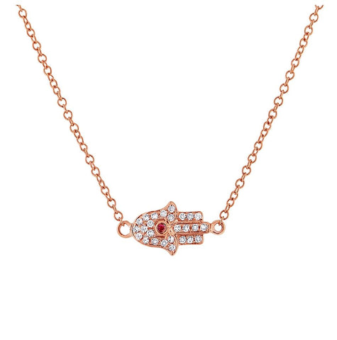 0.08 Ctw Diamond And 0.01 Ctw Ruby 14k Rose Gold Hamsa Necklace