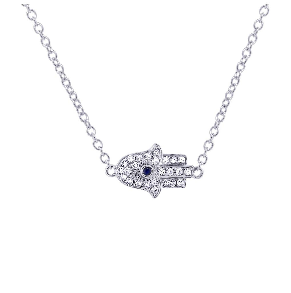 0.08 Ctw Diamond And 0.01 Ctw Blue Sapphire 14k White Gold Hamsa Necklace