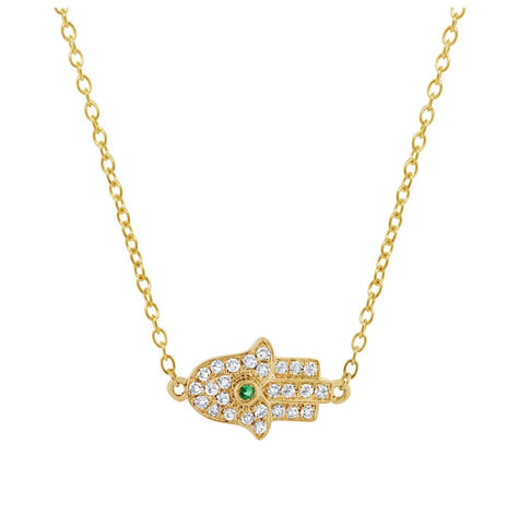 0.08 Ctw Diamond And 0.01 Ctw Emerald 14k Yellow Gold Hamsa Necklace