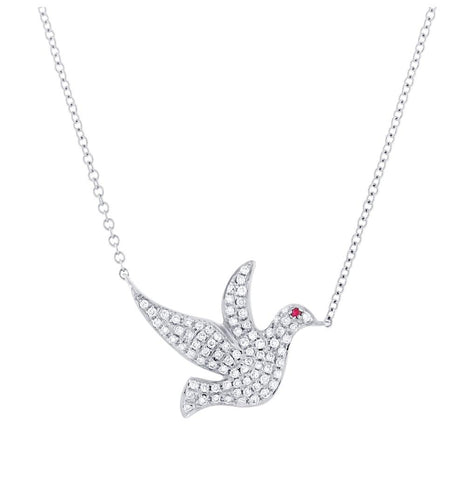 0.27 Ctw Diamond And 0.01 Ctw Ruby 14k White Gold Dove Necklace