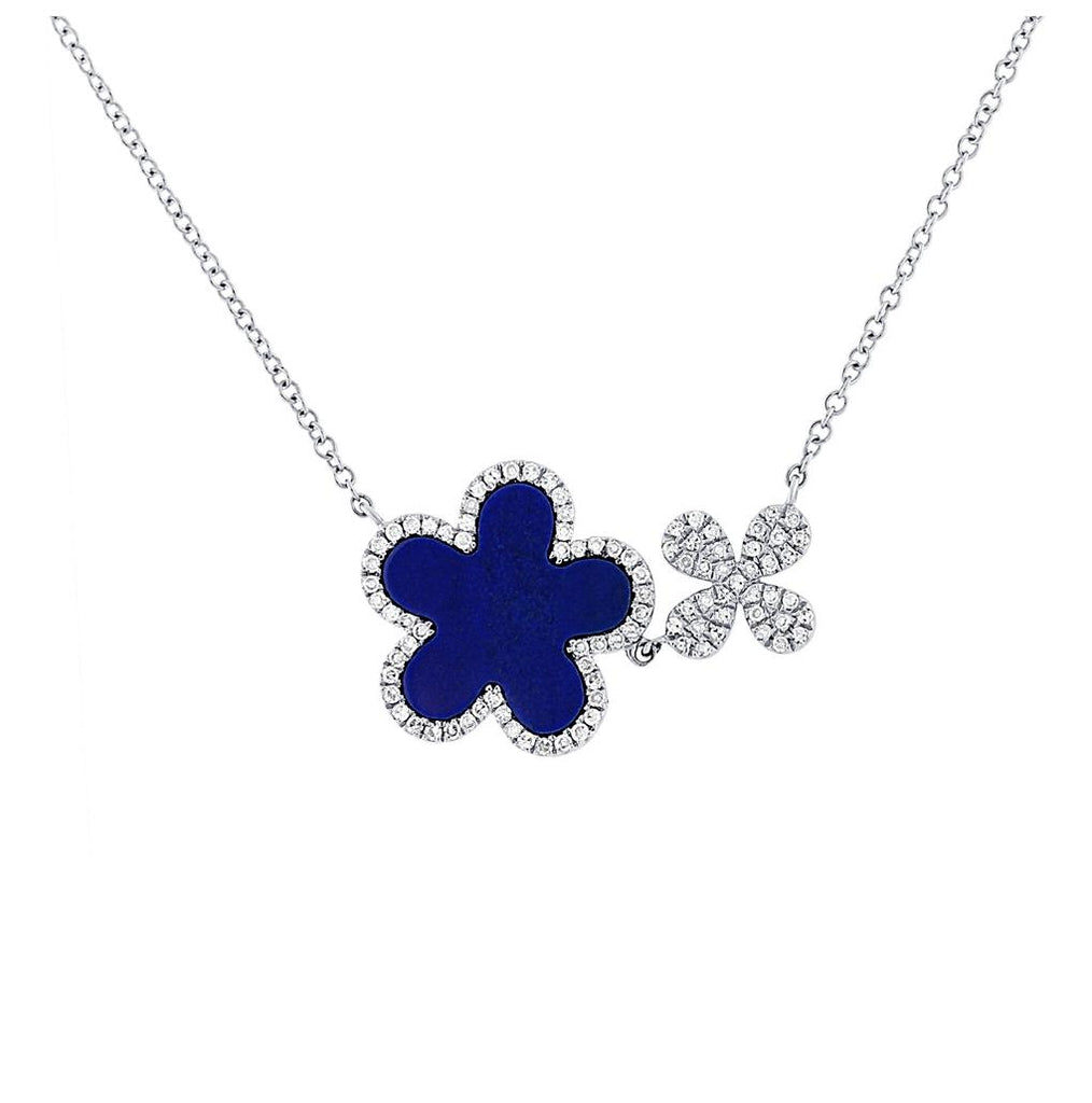 0.23 Ctw Diamond And 1.33 Ctw Lapis 14k White Gold Flower Necklace