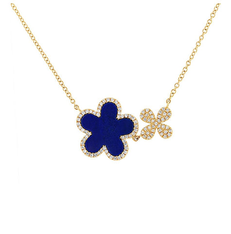 0.23 Ctw Diamond And 1.33 Ctw Lapis 14k Yellow Gold Flower Necklace