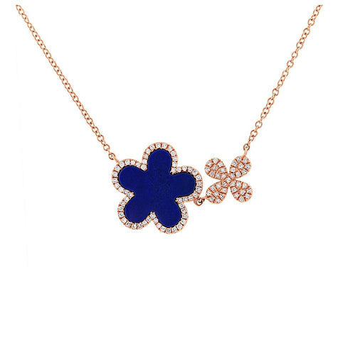 0.23 Ctw Diamond And 1.33 Ctw Lapis 14k Rose Gold Flower Necklace