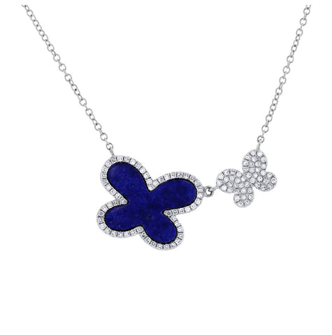 0.25 Ctw Diamond And 1.27 Ctw Lapis 14k White Gold Butterfly Necklace