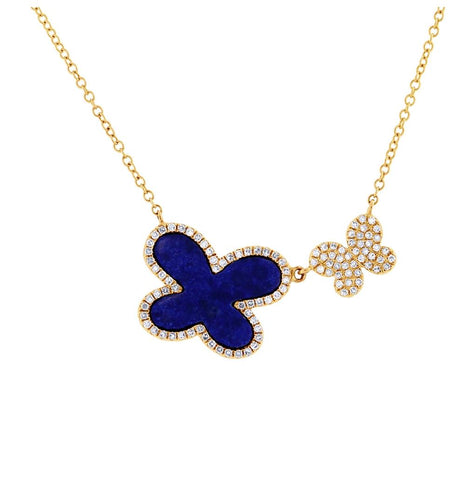 0.25 Ctw Diamond And 1.27 Ctw Lapis 14k Yellow Gold Butterfly Necklace