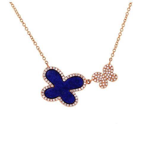 0.25 Ctw Diamond And 1.27 Ctw Lapis 14k Rose Gold Butterfly Necklace