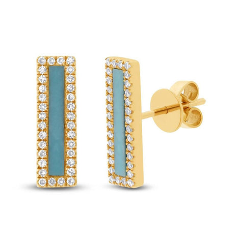 0.22 Ctw Diamond And 0.58 Ctw Composite Turquoise 14k Yellow Gold Bar Earring