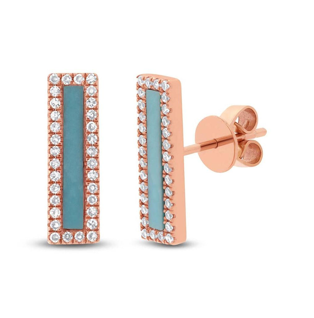 0.22 Ctw Diamond And 0.58 Ctw Composite Turquoise 14k Rose Gold Bar Earring