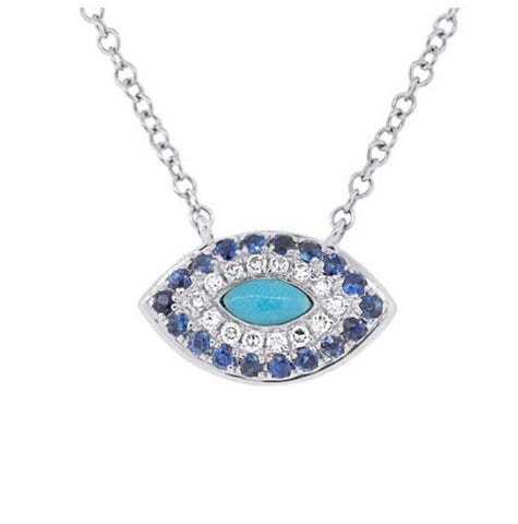 0.05 Ctw Diamond And 0.20 Ctw Blue Sapphire And Turquoise 14k White Gold Necklace